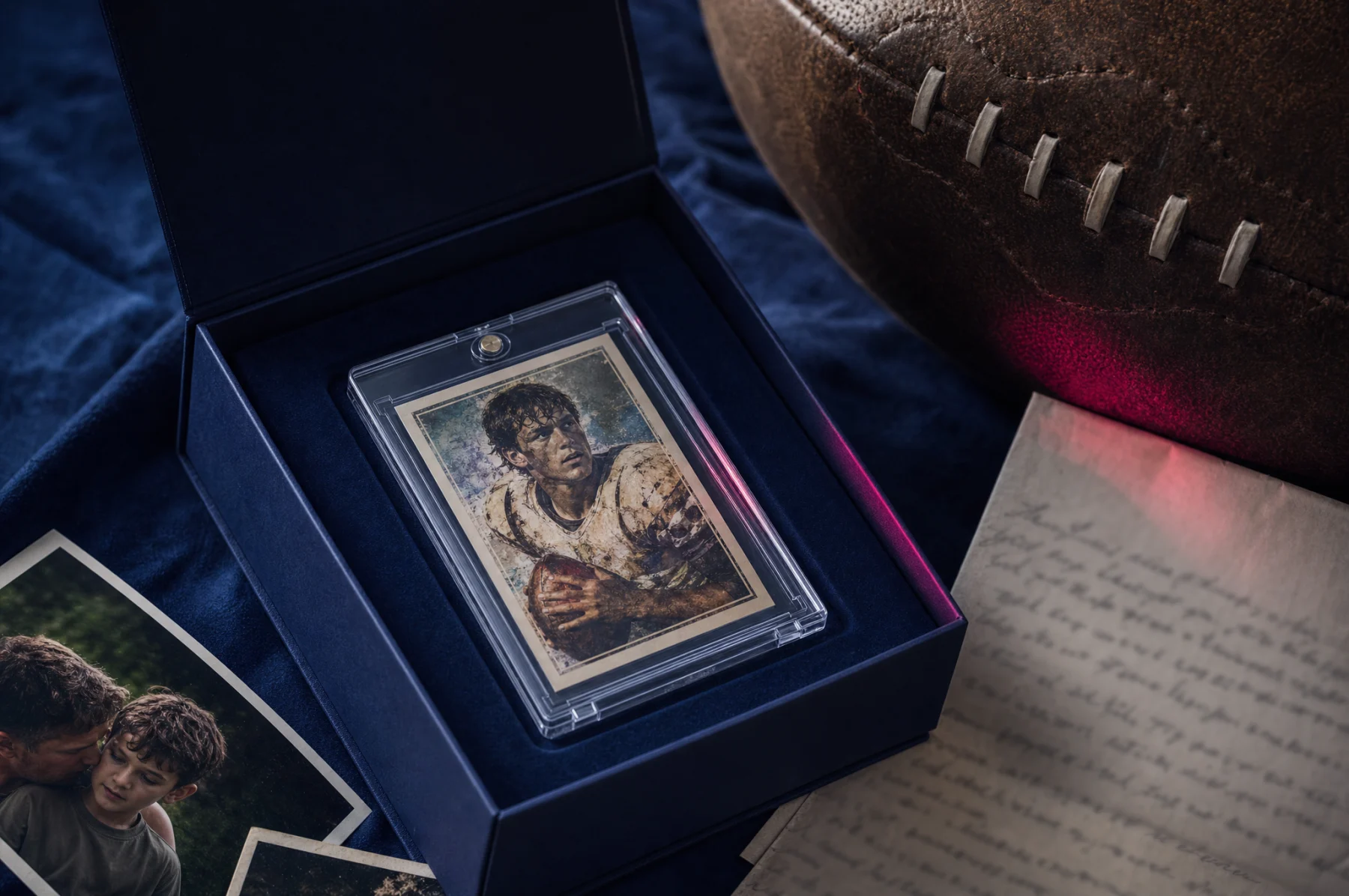 A protected sports card resting in a presentation box beside family photographs
